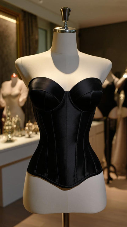 Black satin corset from the Royal Satin Noir Edition featuring lace-up front and structured design, by Mein Shop.