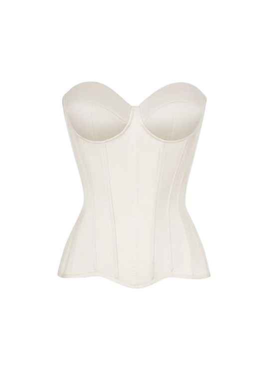 Cream satin corset from the Royal Satin Corset Creme Edition, featuring smooth, shiny fabric and structured design for elegant waist shaping.